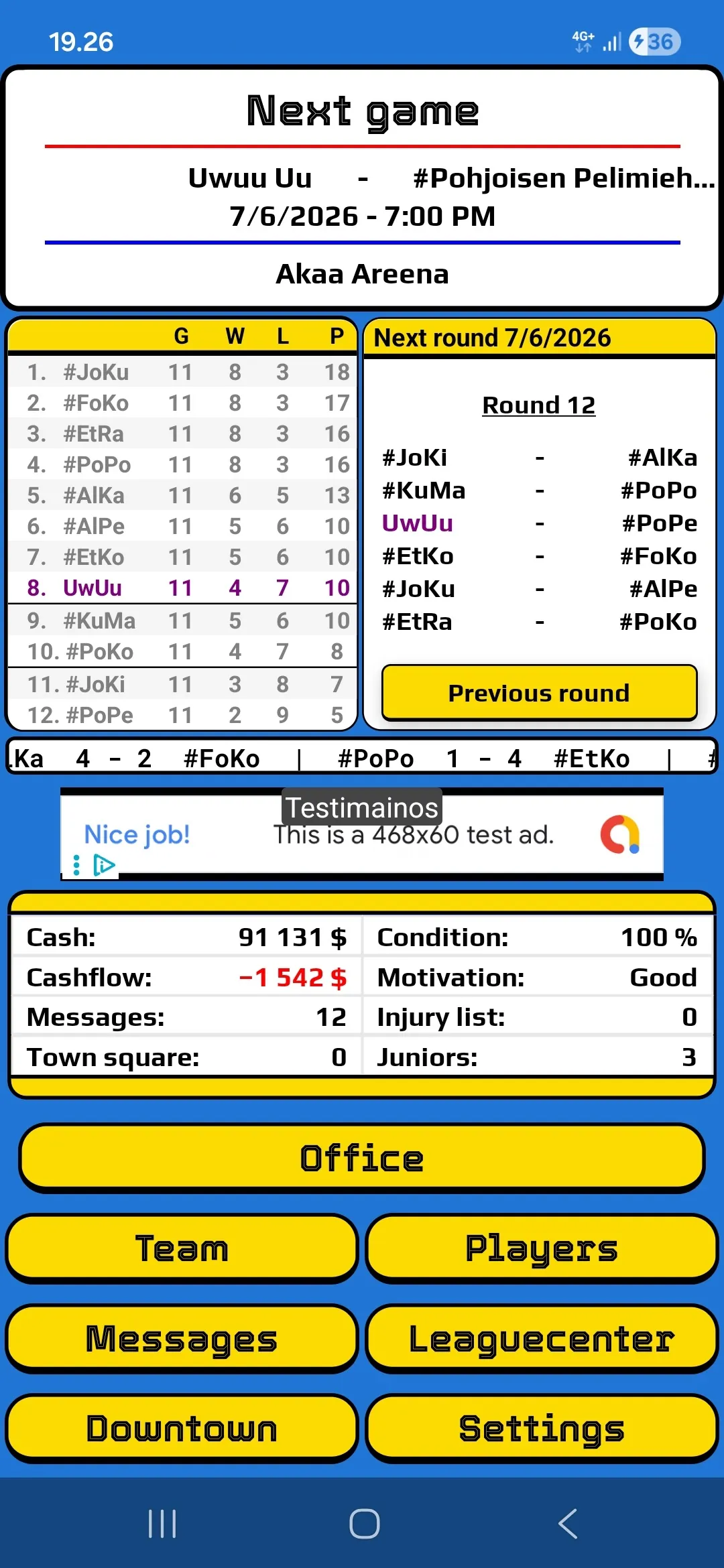 Pocket Hockey Manager -sovelluksen etusivunäkymä